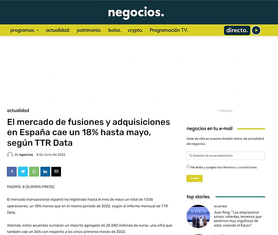 El mercado de fusiones y adquisiciones en Espaa cae un 18% hasta mayo, segn TTR Data